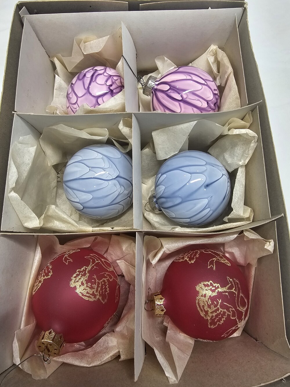 Vintage Christmas Ornament Set 6 Pc Glass Baubles Red Blue Purple Gold Decor